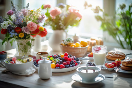 Breakfast table, brimming with fresh fruit, berries, warm bread, and flowers, bathed in the soft glow of bright daylightの素材