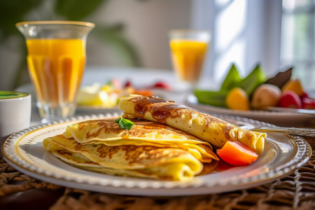 Delicate crepes, fresh fruits, and a glass of refreshing orange juice create a colorful and enticing morning sceneの素材