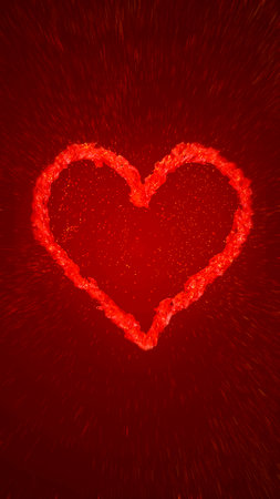 Radiant red liquid heart with captivating particles effects, emanating warmth and love against a red backdropの写真素材