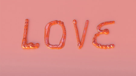 Glossy "Love" made of Caramel on a Captivating Pink Backgroundの写真素材