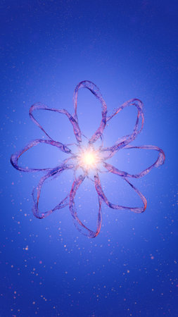 Dynamic Purple Liquid Flower Swirls on Blue Background with Flying Particlesの写真素材
