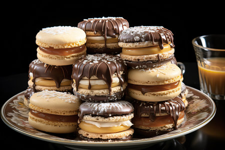 Alfajores, a mouthwatering display of buttery sandwich cookies filled with dulce de leche, elegantly presentedの素材