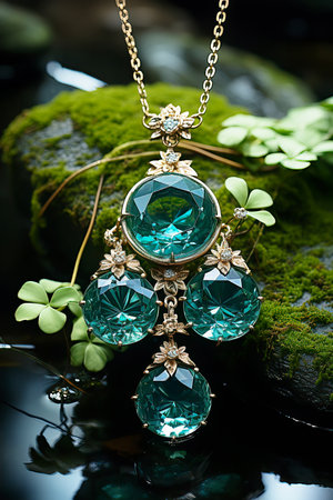 A necklace with aquamarine and diamonds, set amidst vibrant nature on a wet black rockの素材