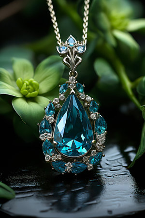 A necklace with aquamarine and diamonds, set amidst vibrant nature on a wet black rockの素材