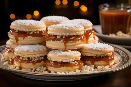 Alfajores - delicate sandwich cookies with a dulce de leche filling, elegantly presented with powdered sugar and rich chocolate, inviting indulgenceの素材