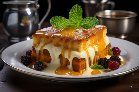 Captivating image of Malva Pudding, a warm and moist South African dessert topped with creamy sauceの素材
