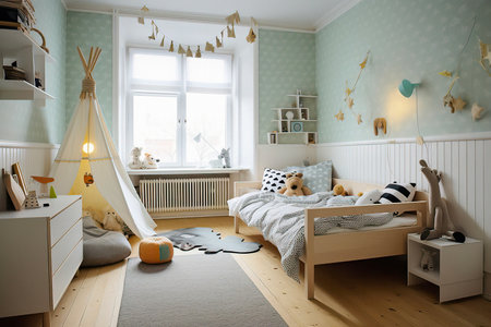 Enchanting Kids' Bedroom: Inspiring Creativity with Pastel Tones and Minimalist Designの素材
