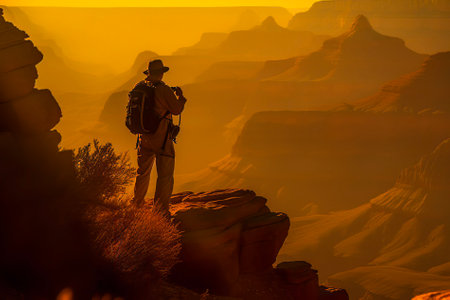 Man silhouetted against Grand Canyon sunset panorama from cliff topの素材
