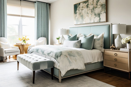 A bedroom with a bed, nightstands, and chairsの素材