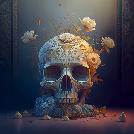 Dark opulence and delicate beauty in this digital artwork featuring a skull embellished with intricate flowers and leaves, embodying the Gothic and Baroque aestheticsの素材