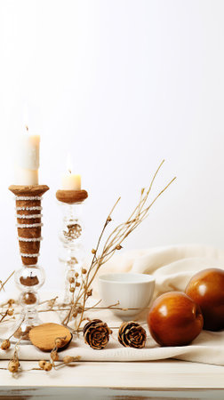 Discover the essence of the Jewish New Year through a minimalist still life arrangement featuring candles, apples, and delicate decorations resting on a table, creating a serene tableau in a refined brown and white color schemeの素材