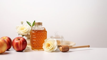 Experience the enchantment of the Jewish New Year through a captivating still life arrangement featuring apples, a jar of honey, and delicate white roses, symbolizing renewal and sweetnessの素材
