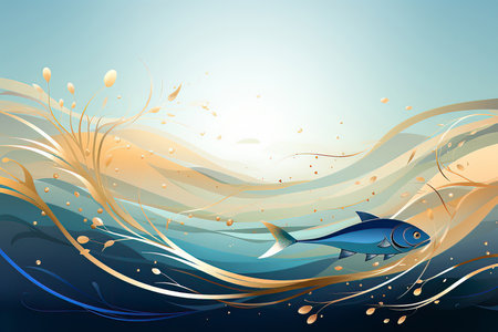 A striking blue fish, adorned with a long, flowing tail, gracefully navigating the depths of the ocean. Against an abstract backdrop of enchanting golden and blue waves, the majestic fish takes center stage in the foreground. The undulating and swirling waves exude a dynamic sense of movement and energy, complemented by the vibrant and captivating colors that infuse the image with life and vibrancy.の素材