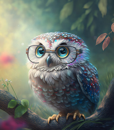 Character portrait of an owl wearing glasses, seated on a tree branch, depicting an adorable and scholarly presence.の素材