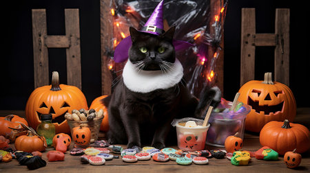 A black cat adorned with a witch hat, amidst pumpkins, candy, and Halloween decorations. The cat's mischievous expression adds to the spooky yet playful festive atmosphereの素材