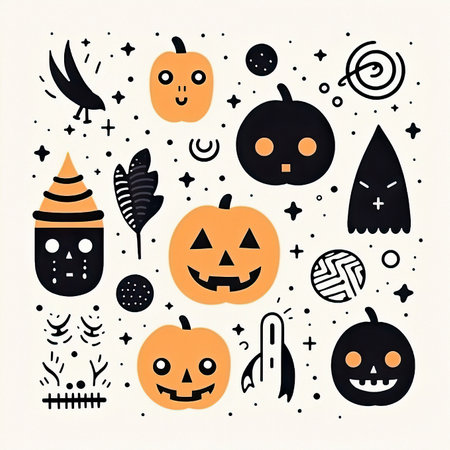 Flat-style Halloween icons background with festive holiday symbols.の素材