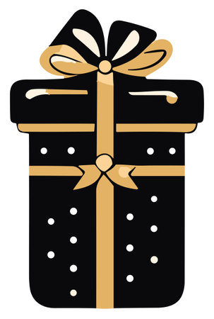A black gift box adorned with a lavish gold bow, creating an air of sophistication. The glossy finish adds a touch of luxury, making it perfect for birthdays, anniversaries, or holiday celebrations.のイラスト素材