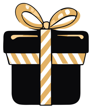 A black gift box adorned with a lavish gold bow, creating an air of sophistication. The glossy finish adds a touch of luxury, making it perfect for birthdays, anniversaries, or holiday celebrations.のイラスト素材