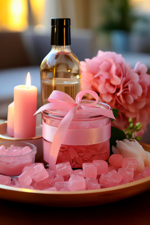 Discover tranquility with candles, pink sugar cubes, fragrance oil, and flowers on a plate. Set against a personal room backdrop, this spa arrangement exudes relaxation and eleganceの写真素材