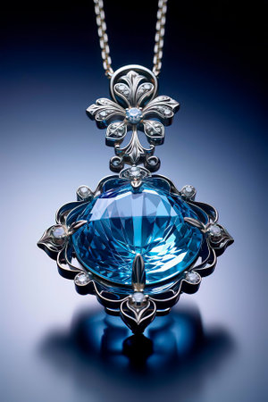 Elegant gold necklace featuring large blue sapphire surrounded by white diamondsの写真素材
