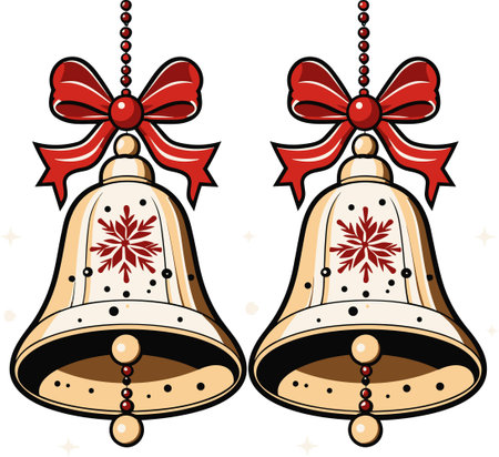 Embrace the festive spirit with this delightful pair of Christmas bells adorned with a vibrant red ribbon. Crafted from fabric and gracefully tied with a red ribbon, the bells and flower combine to create a joyous and decorative image perfect for the holiday season. Whether on a Christmas card, in an advertisement, or as a charming website embellishment, this traditional symbol radiates brightness and cheerのイラスト素材
