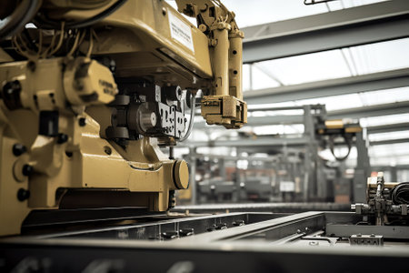 A complex metal machine rests on a factory tableの素材