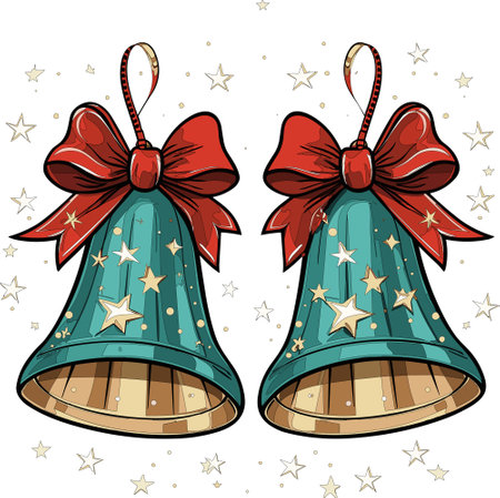 Holiday bells adorned with a red bow and holly berriesのイラスト素材