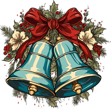 Holiday bells adorned with a red bow and holly berriesのイラスト素材