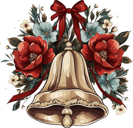 Holiday bell adorned with a red bow and holly berriesのイラスト素材