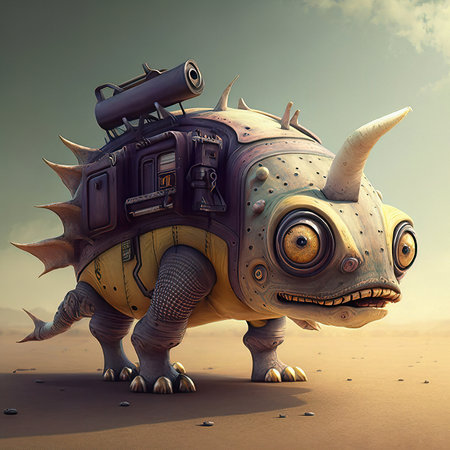 A whimsical creature named Gizmodon, a hybrid of biological and mechanical elements, depicted in a desert landscapeの素材