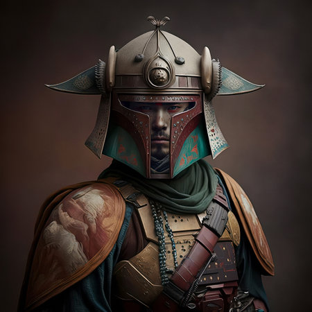 A striking portrait of a warrior in ornate medieval armor, featuring a detailed helmet with a visor, set against a dark backdropの素材