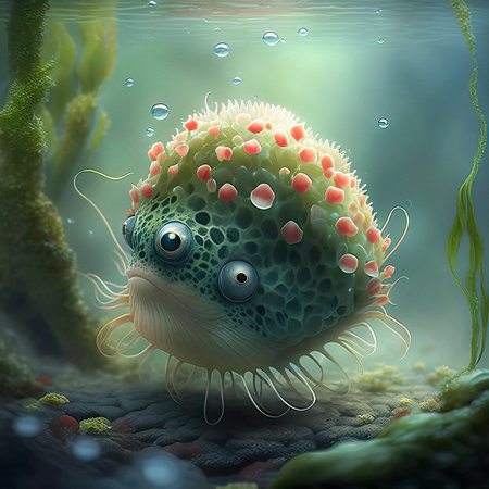 A whimsical underwater scene featuring a fantasy creature resembling a fish with soft spines and big, curious eyesの素材