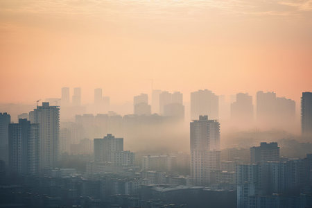 The city skyline fades into a mist of smog, with the outlines of buildings barely visible through the hazy air, capturing the pressing issue of air pollution in urban environmentsの素材