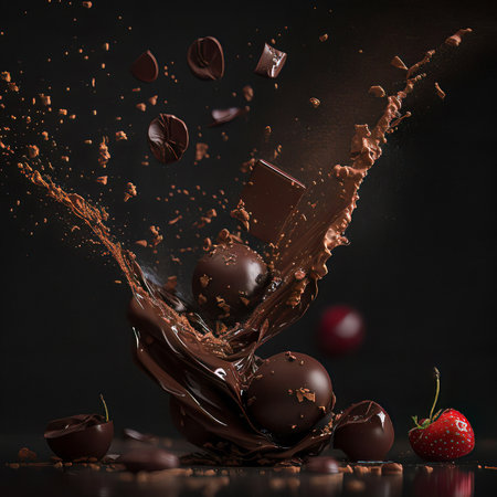 An exquisite and dynamic composition where dark chocolate pieces and a strawberry are caught mid-air, surrounded by a captivating splash of melted chocolate, showcasing the allure of fine confectioneryの素材