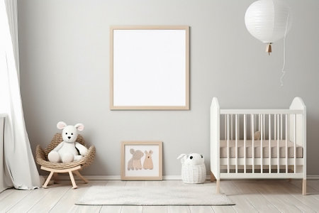 A beautifully arranged nursery with a minimalist aesthetic features a cozy crib, a charming wicker chair with a plush toy bear, whimsical artwork, and a playful hot air balloon light fixture, all in a soothing palette of whites and neutralsの素材