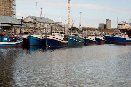 The serene Cape Town harbor is dotted with stationary fishing boats, signaling a momentary lull in...