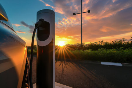 An electric vehicle being charged at a charging station during a sunriseの素材