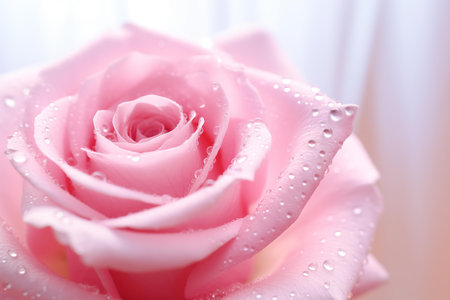 Close-up of a delicate pink rose with dewdrops adorning its petalsの素材