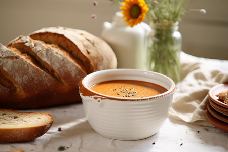 A bowl of creamy soup garnished with seeds, accompanied by freshly baked bread on a table, suggesting a cozy, homemade mealの素材