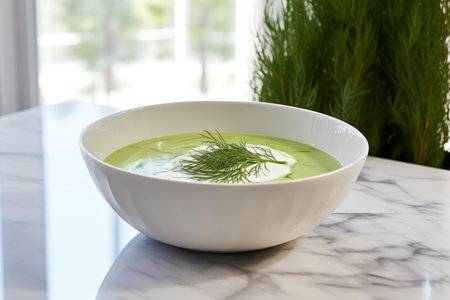 A bowl of vibrant green soup garnished with a sprig of fresh dillの素材