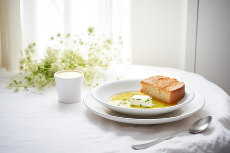 A simple yet inviting meal setup featuring a bowl of soup and a slice of toasted breadの素材