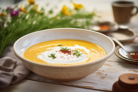 A bowl of rich pumpkin soup topped with a swirl of cream and a sprinkle of herbsの素材
