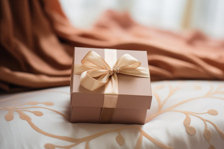 A luxurious gift box tied with a golden ribbon and embellishment, placed on a silky backgroundの素材