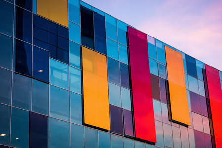 Close-up of a building's glass facade reflecting vibrant hues of yellow, orange, blue, and pink against a dusk skyの素材