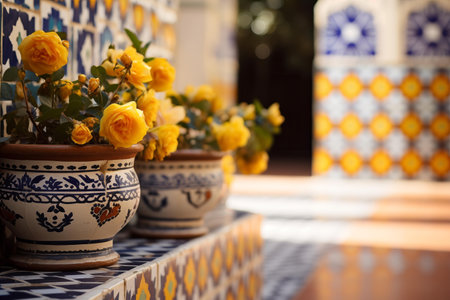 Vibrant yellow roses flourishing in traditional ceramic pots against a classic blue and white mosaic backdropの素材