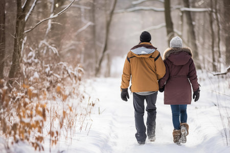 A couple holding hands as they walk down a snowy path through the woods, a symbol of companionship and serenity in the winter seasonの素材