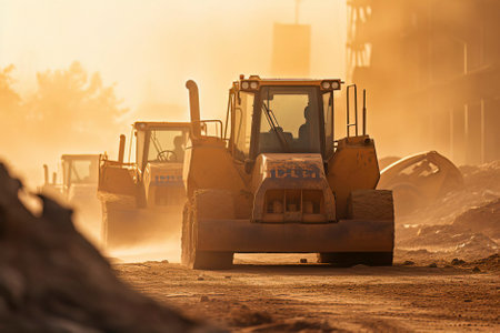 Bulldozers and construction vehicles working amidst a cloud of dust at a building siteの素材
