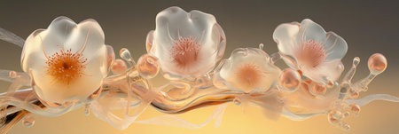 A row of translucent, flower-like forms with a dynamic, flowing aestheticの素材