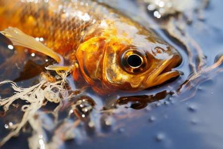 A close-up image of a fish tragically affected by pollution, highlighting the urgent environmental issue of water contaminationの素材