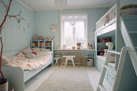 A cozy children's room painted in pastel blue, with a bunk bed, a soft area rug, and whimsical decorの素材